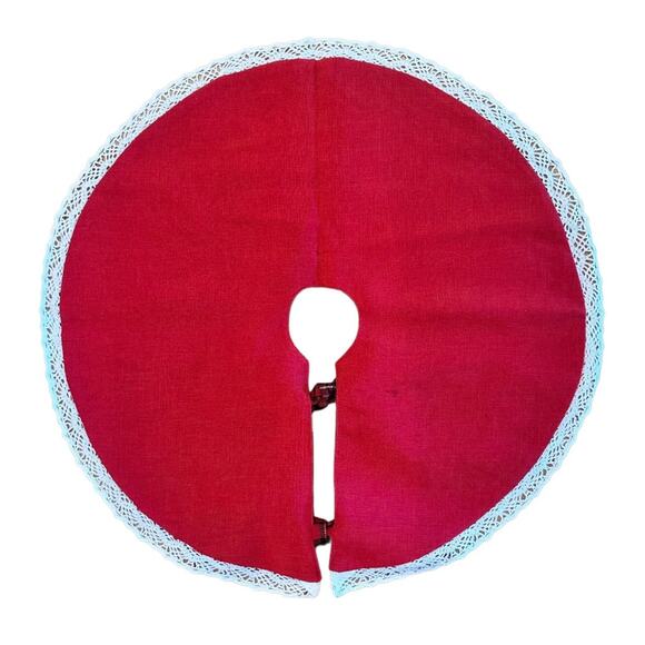 Christmas Tree Skirt Plaid Embroidered Snowflakes Crochet Edge Table Top Tree - Picture 2 of 9